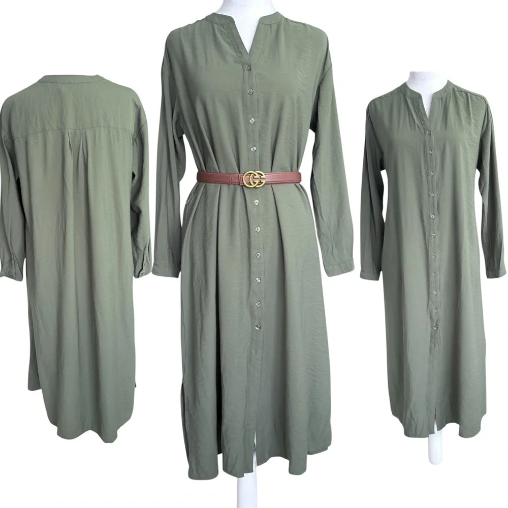 Banana Republic Button-Down Long Sleeve Maxi Kaftan Dress in Olive Green XS Tall - Picture 3 of 9